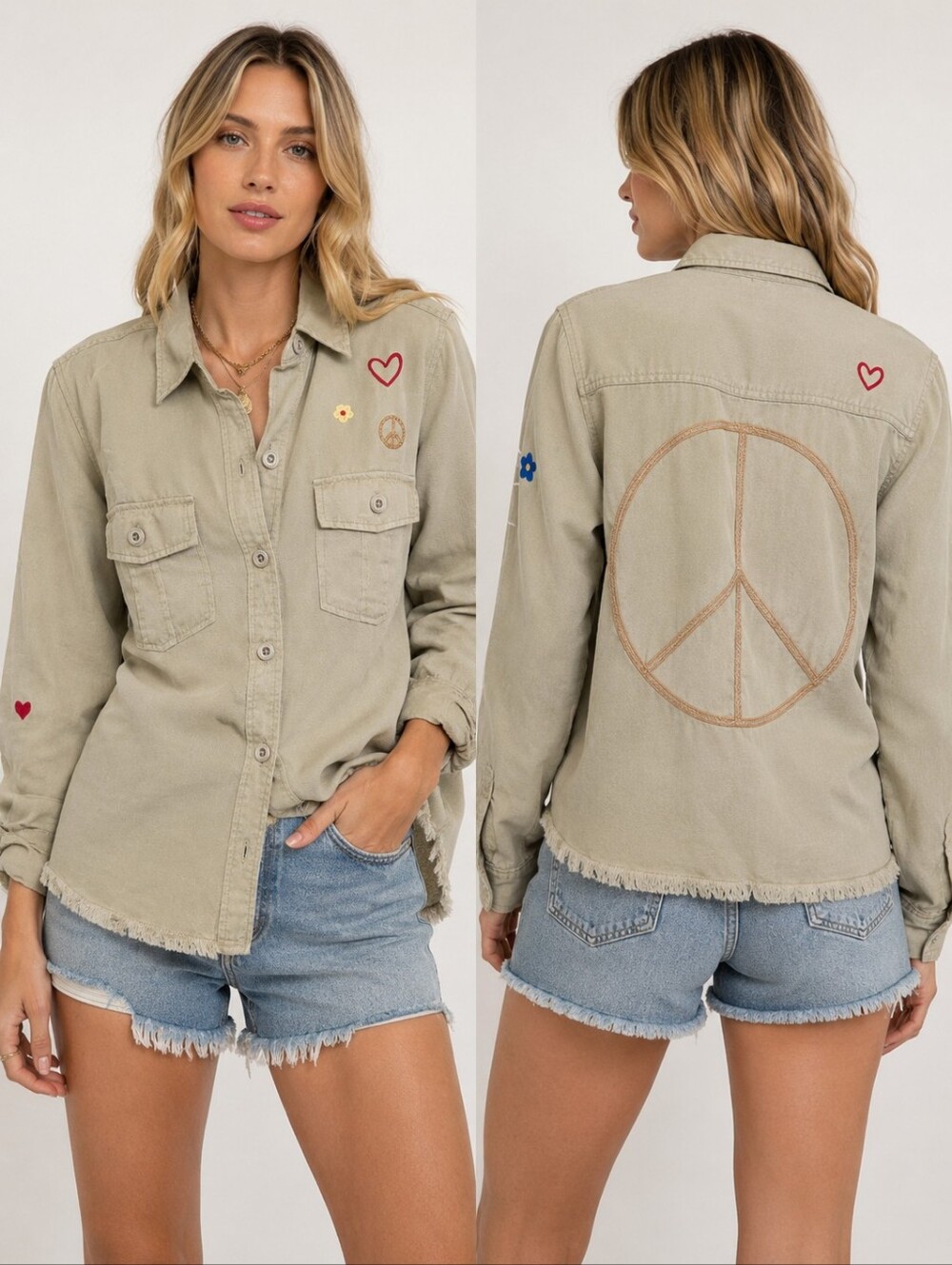 Rails Loren Sage Woodstock Embroidered Peace Sign Utility Shirt Jacket Medium